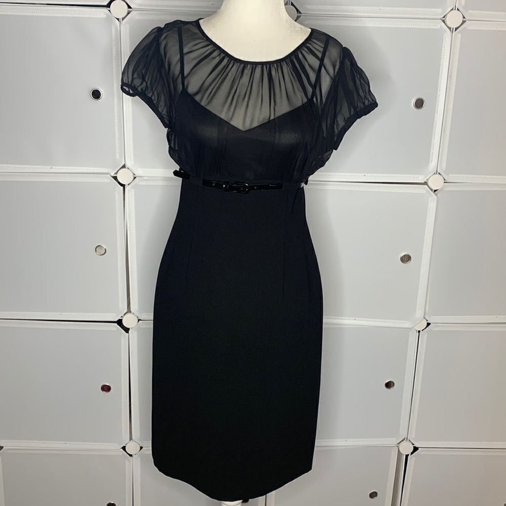 Tahari Black Sheer Yoke Belted Sheath Dress